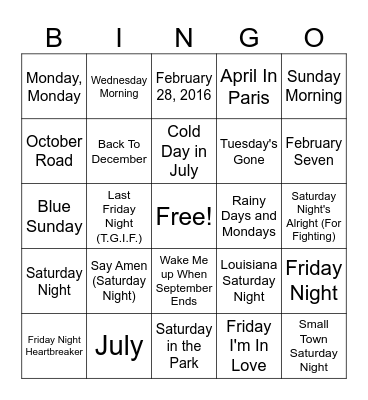 Calendar Bingo Card