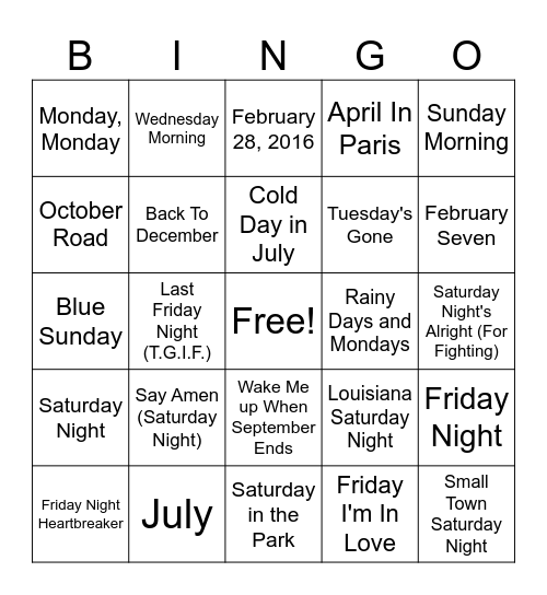 Calendar Bingo Card