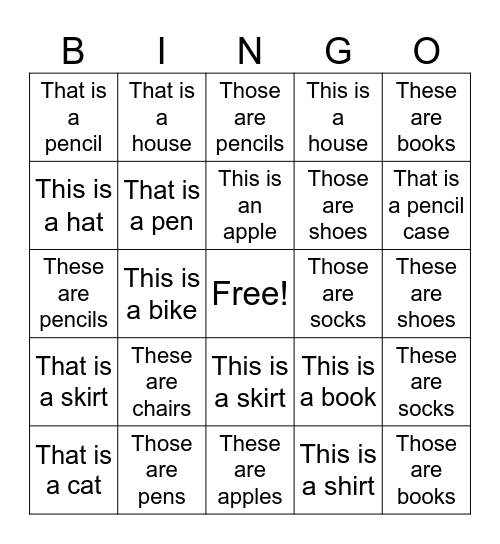 This/That/These/Those Bingo Card