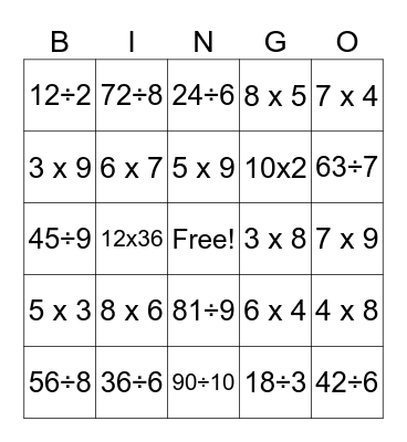Multiplication & Division Bingo Card