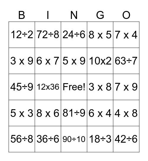 Multiplication & Division Bingo Card