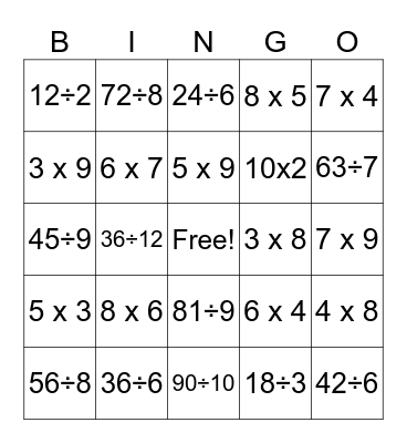 Multiplication & Division Bingo Card