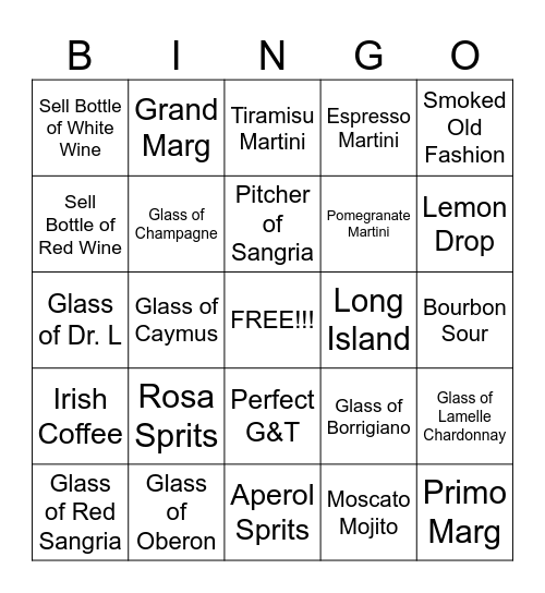 Maggiano's Alcohol BINGO Card