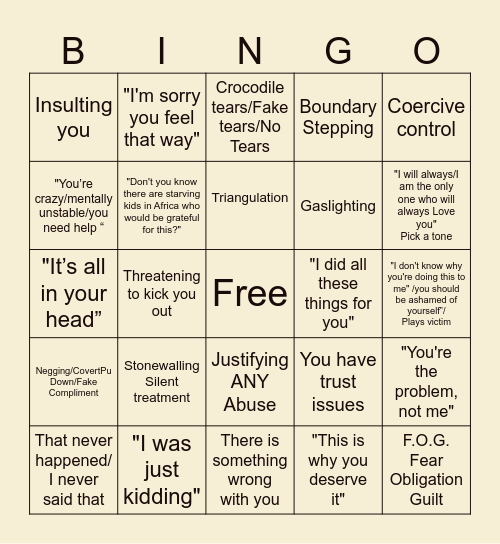 Narcissist Bingo Card