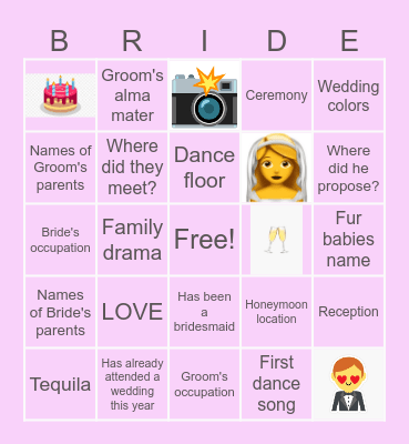 BRIDE Bingo Card