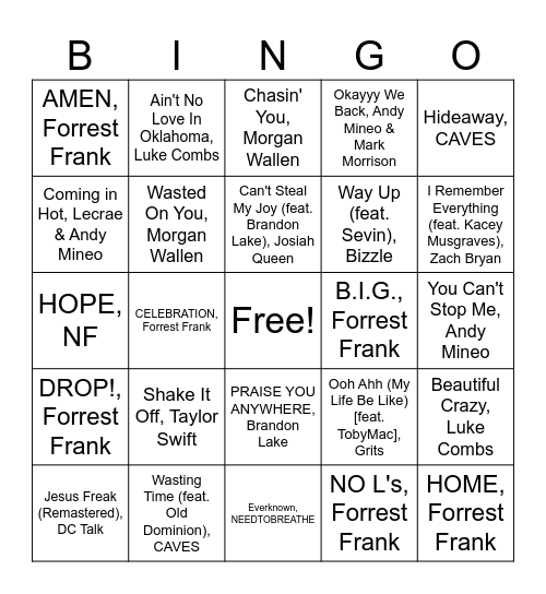 Simmons Music Roadtrip Bingo Card