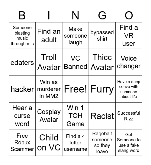 Roblox Bingo Card