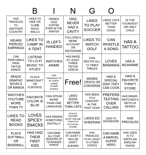 Get to Know You Bingo Card