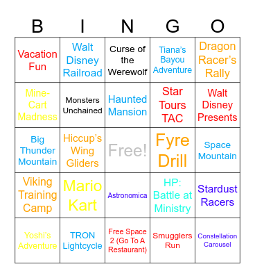 Rides For Vacation To Disney And Universal :) Bingo Card