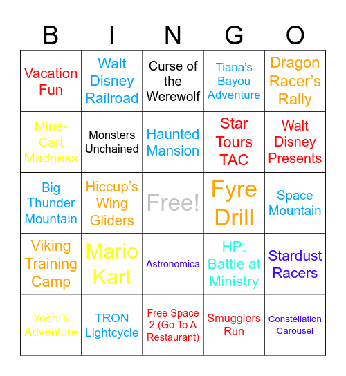 Rides For Vacation To Disney And Universal :) Bingo Card