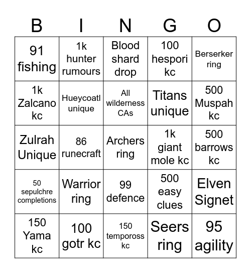 Short term goals Bingo Card