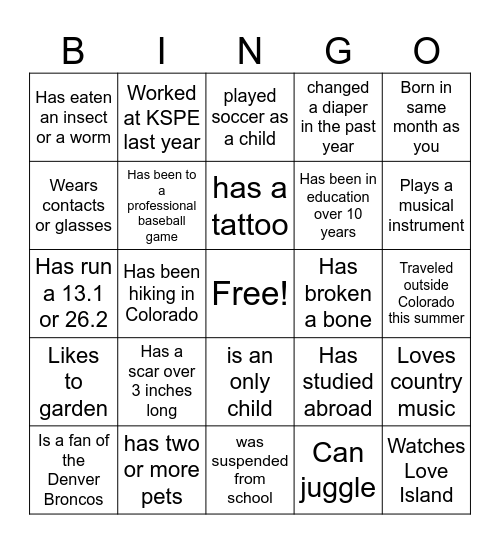 KSPE Human Bingo Card