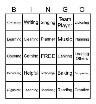 Gifts and Talents Bingo Card