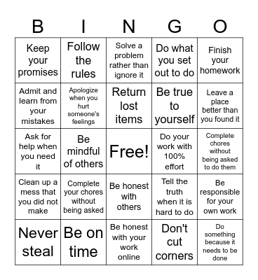 Honesty and Integrity Bingo Card