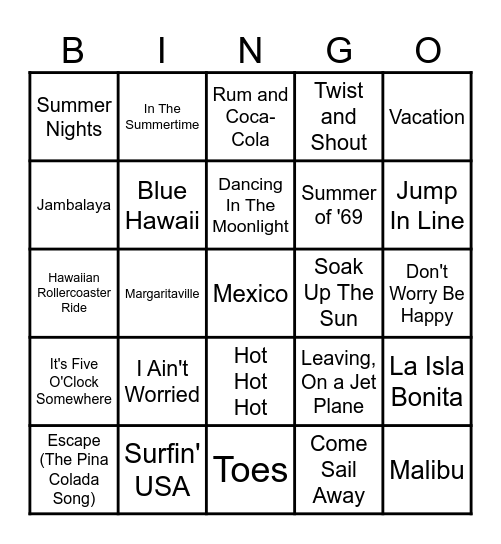 Vacation Bingo Card