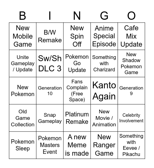 Pokemon Presents Bingo Card