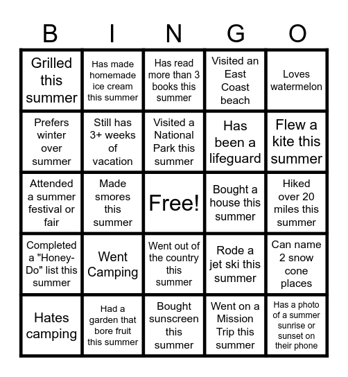 Summer Smarts Showdown Bingo Card
