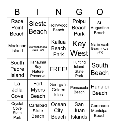 Best Beaches & Islands - USA Bingo Card