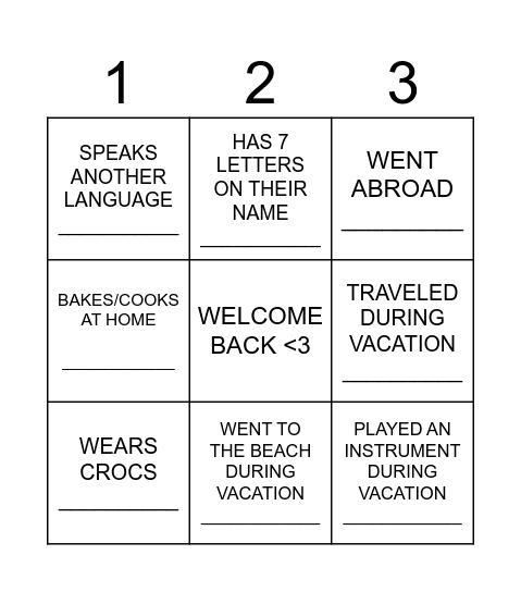 WELCOME BACK GUYS! Bingo Card