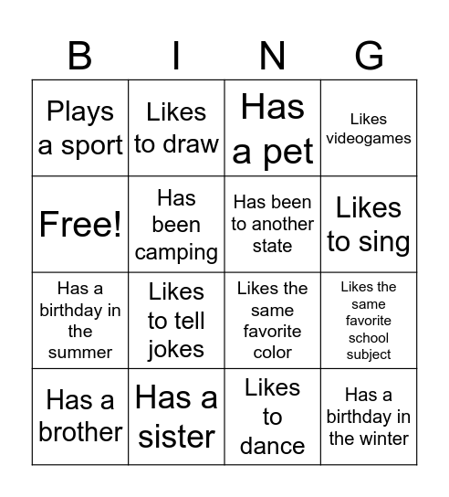 Friendship Bingo Card