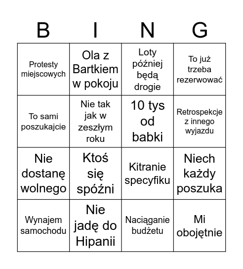 Planowanie wakacji Bingo Card