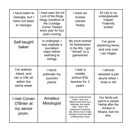 Fun Fact Bingo Card
