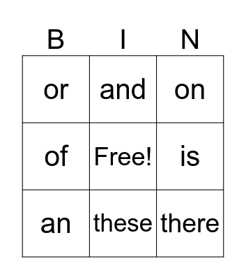 Sight Words Bingo Card