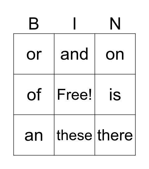 Sight Words Bingo Card