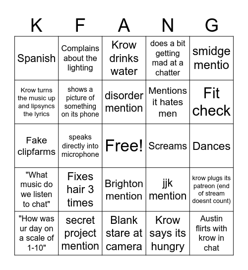 Krow stream July 22/25 Bingo Card