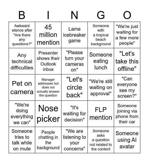 Long Meeting Bingo Card