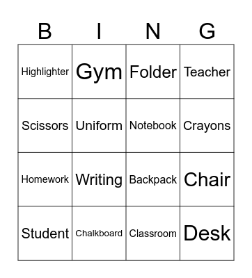 Back to School Bingo Card