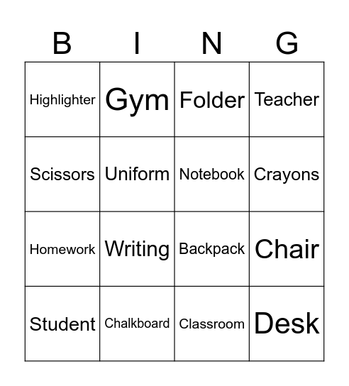 Back to School Bingo Card