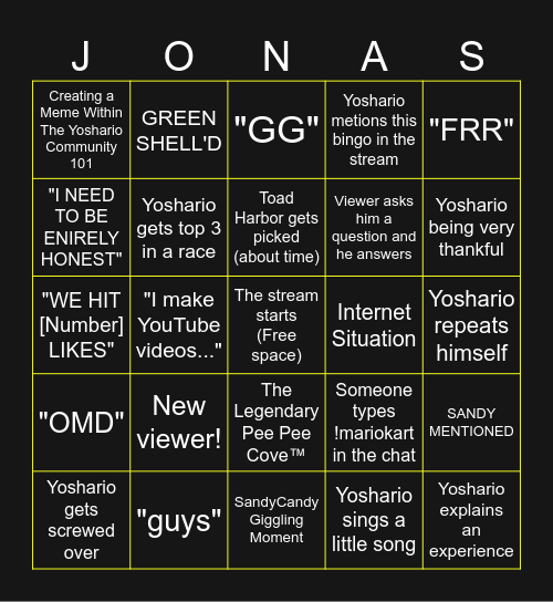 Yoshario Stream Bingo (Mario Kart) Bingo Card