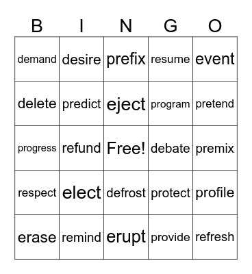 5.2 - Prefixes Bingo Card