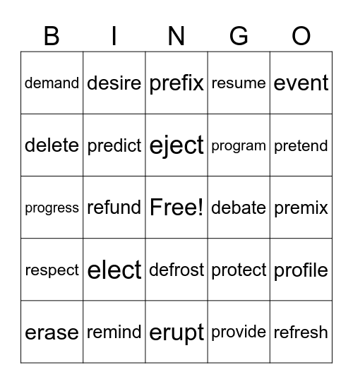 5.2 - Prefixes Bingo Card