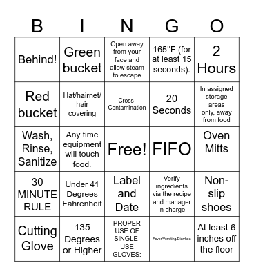 Food Safety Bingo Card