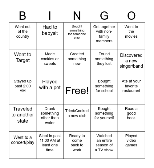 Welcome Back from Summer Break Bingo Card