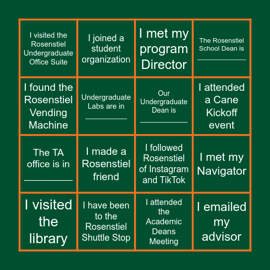 Rosenstiel New Student Bingo! Bingo Card