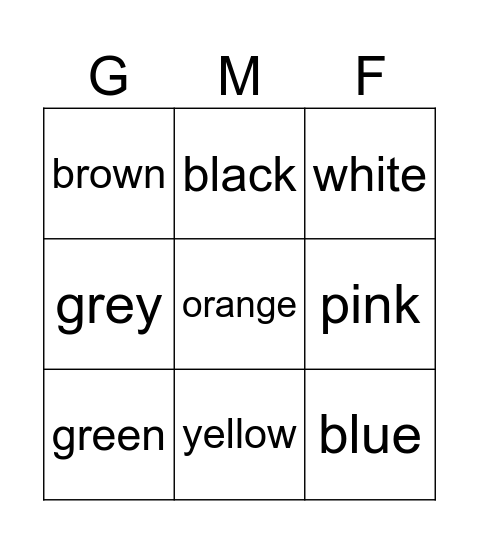 Colours Bingo Card