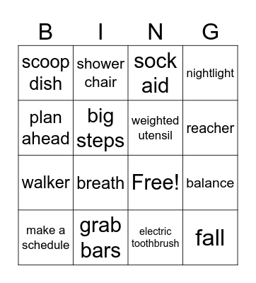 Fall prevention BINGO Card