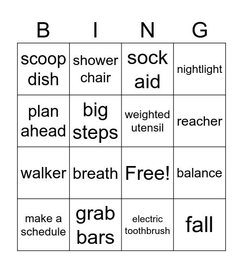 Fall prevention BINGO Card