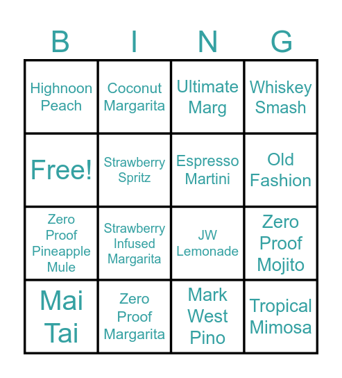Summer Drinks BINGO Card