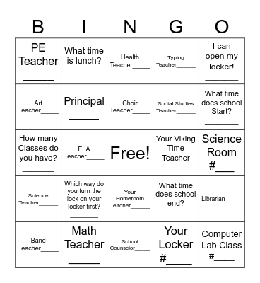 6th Grade Open House Bingo Card