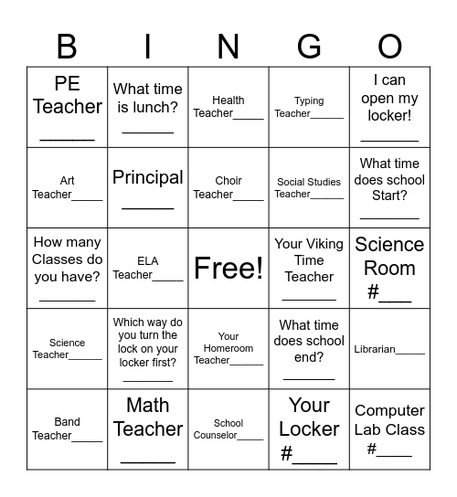 6th Grade Open House Bingo Card