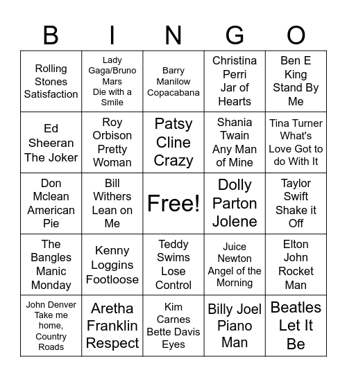Rock and Roll Bingo Card