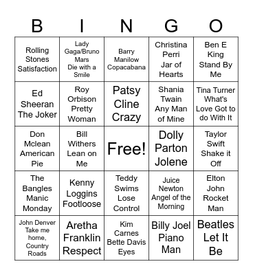 Rock and Roll Bingo Card