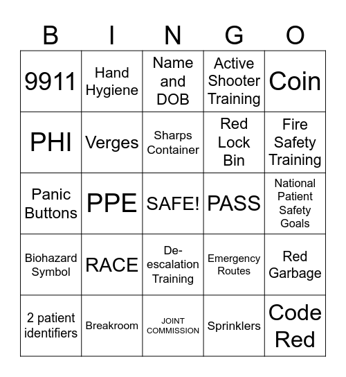 Speed Bingo: SAFETY Bingo Card