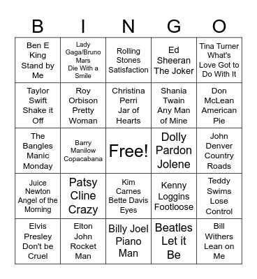 Rock and Roll Bingo Card