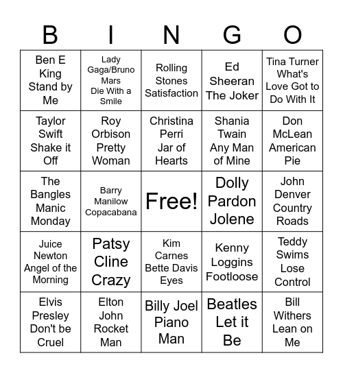 Rock and Roll Bingo Card