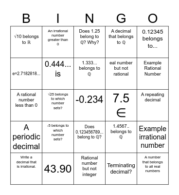 Bingo MAth Bingo Card